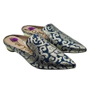 Sam Edelman Blue & Gold Metallic Augustine Jacquard Loafer Mules